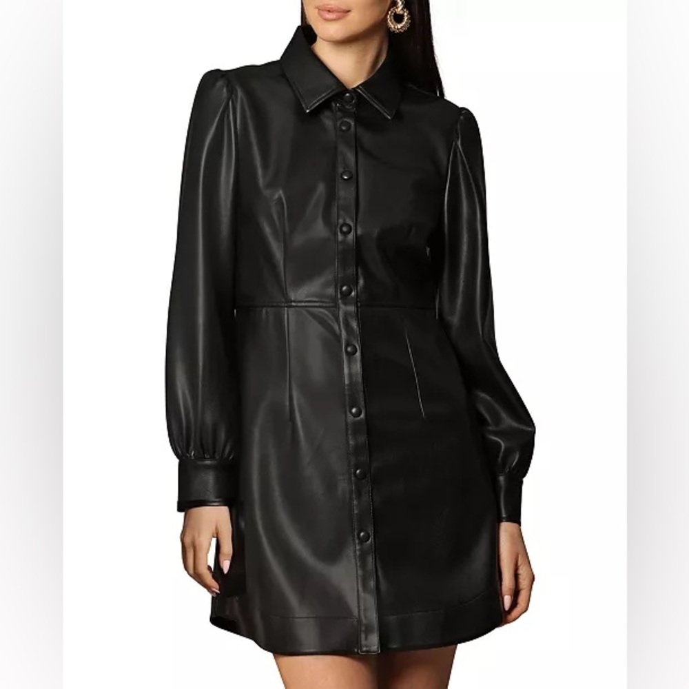 Avec Les Filles Faux Leather Black Collared Tailored Shirt Dress XS